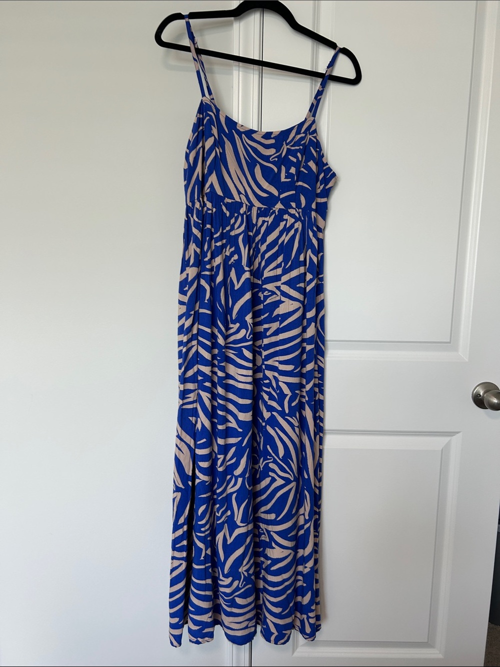 Blue and Beige Printed Maxi Dress with Spaghetti Straps